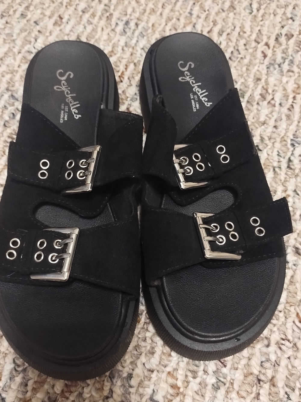 Y2K Inspired Seychelles Women's Black Suede Buckle Slide Sandals